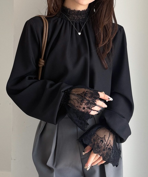 RANAN（ラナン） ブラウス シャツ レースフリルプチハイネックブラウス