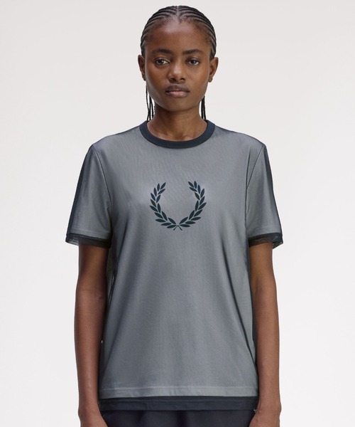 FRED PERRY 半袖メッシュオーバーレイポロシャツ グレー/ブラック FRED