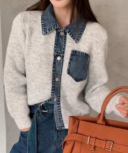 DIAVEL ポロシャツ ポロ デニム切り替えニットカーディガン／異素材