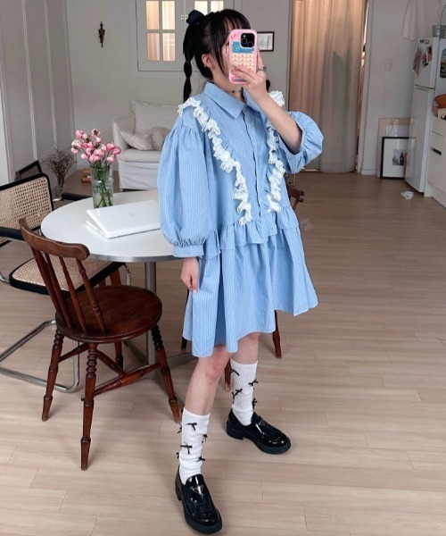 極美品◆バーバリー キッズライン 星柄＆TBロゴモノグラム シャツワンピース Aelina ワンピース かわいいパッチワークレーストリムストライプ柄