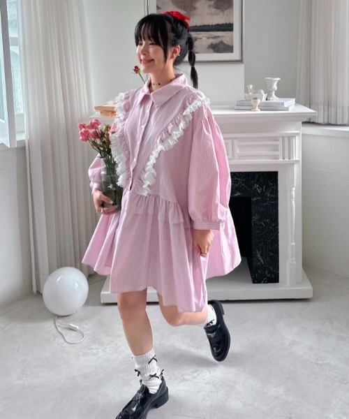 PINK HOUSE ストライプ 花柄刺繍 シャツワンピース Aelina ワンピース かわいいパッチワークレーストリムストライプ柄
