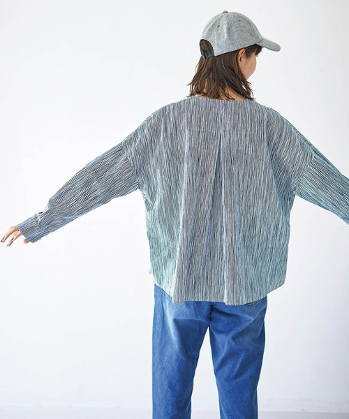 「Sunny clouds」 長袖シャツ LARGE ホワイト×ネイビー レディース_画像3