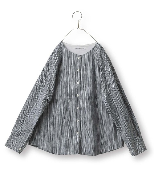 「Sunny clouds」 長袖シャツ LARGE ホワイト×ネイビー レディース_画像8