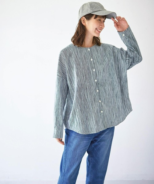 「Sunny clouds」 長袖シャツ LARGE ホワイト×ネイビー レディース_画像9