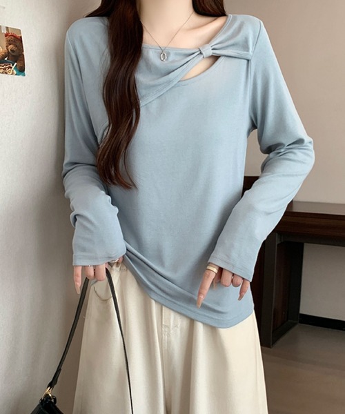 【激レア/即完売】Y-3 /アシンメトリー リボンカットソー/ ブルー /XXS 2ly2 tシャツ リボンデザインカットソー / アシンメトリーネック