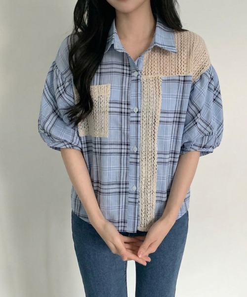 FAVORITO ブラウス シャツ 半袖 ドッキングチェック柄シャツ