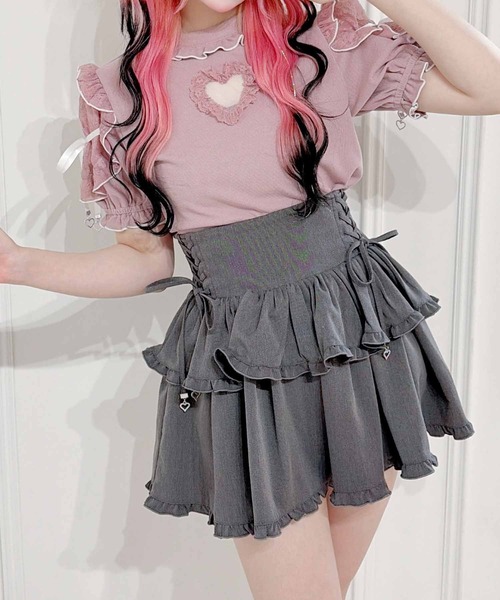 GRAUSOLI 半袖 トレーニングトップス グレー/ピンク MA*RS（マーズ） tシャツ 半袖 袖レースハートくり抜きフリルテレコ