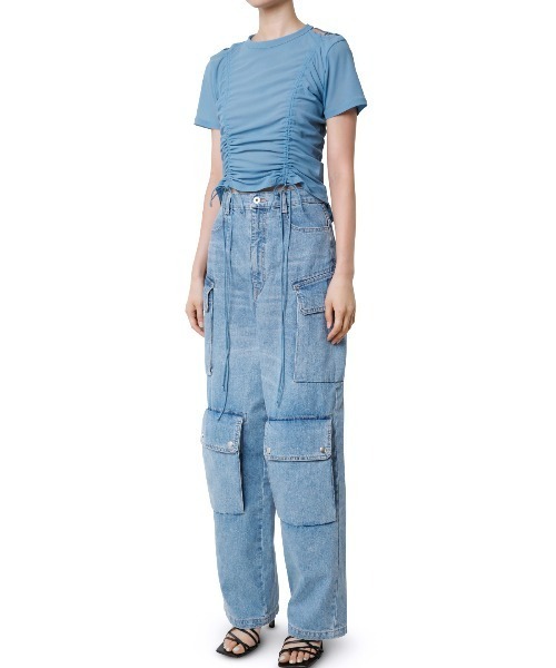 LE CIEL BLEU♡ショルダーカットアウト ドローストTeeルシェルブルー LE CIEL BLEU♡ショルダーカットアウト ドローストTeeルシェル