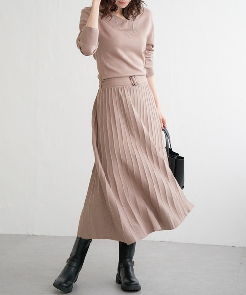 IKKA LOUNGE ワンピース フィット＆フレアニットプリーツワンピース