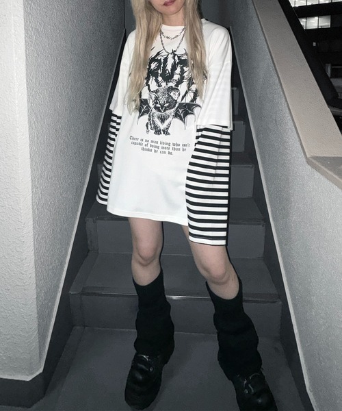 MAROCORE tシャツ 袖ボーダーフェイクレイヤードロンT メンズ