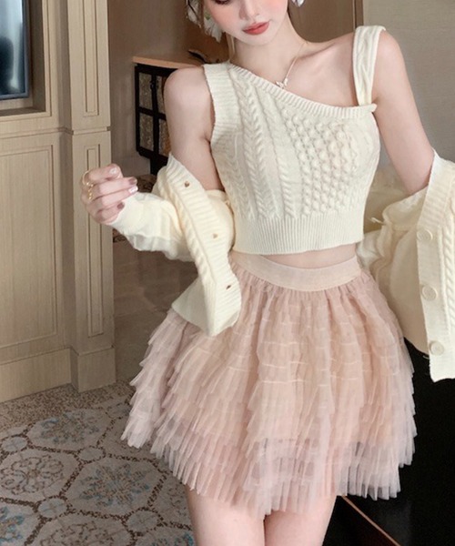 ルネ♡フリルカーディガン leune（ルネ） カーディガン ワンショルダートップス×ショートニット