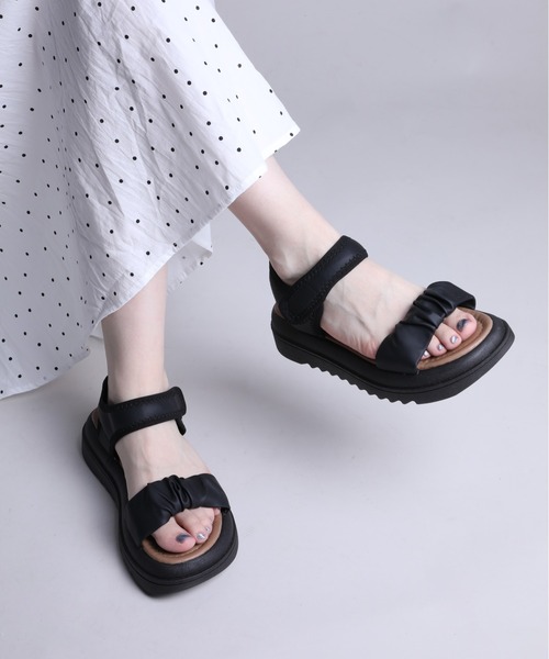3色展開♥立体フラワーの華やかサンダル/追跡有 shoes365 サンダル 「shoes365」ギャザーデザインサンダル