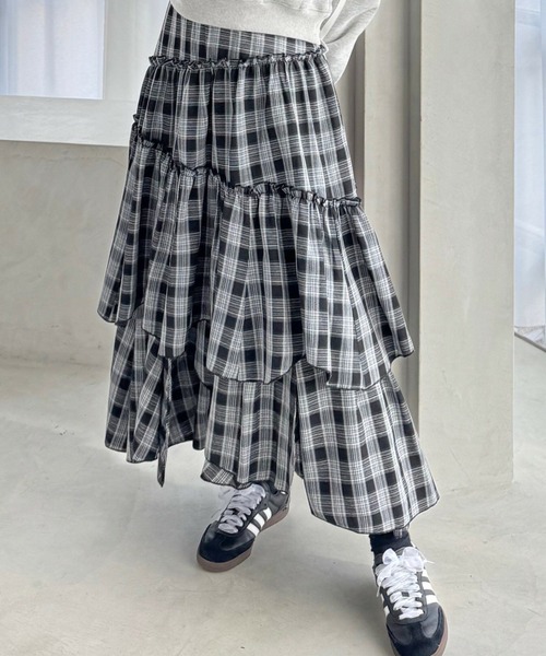 clear スカート 柄ランダムティアードロングスカート「チェック柄