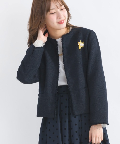 美品　piccin ツイードジャケット M ブラック　ノーカラージャケット PICCIN ジャケット ノーカラージャケット フロントホック