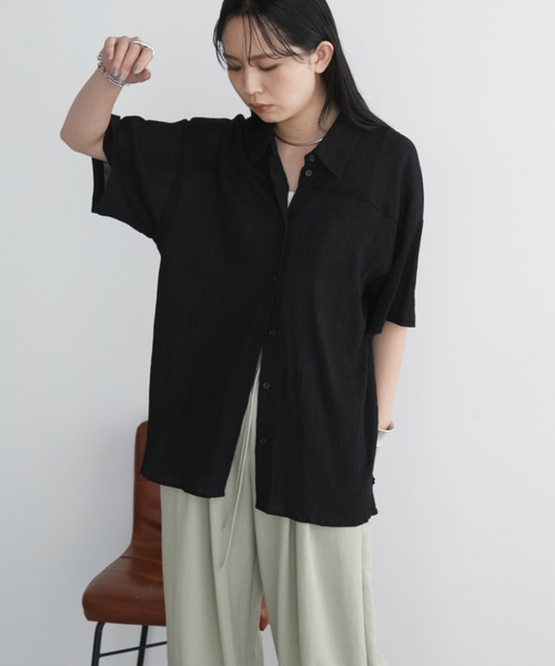 モノグラムハーフスリーブシャツ　CHAROL　シャツ　レディース Aunt Marie's ブラウス シャツ ワッシャーシアーハーフスリーブ