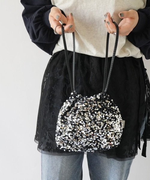 美品 nowos スパンコール 刺繍 巾着 ショルダーバッグ Port（ポート） ショルダーバッグ バッグ 「 」 2WAY スパンコール