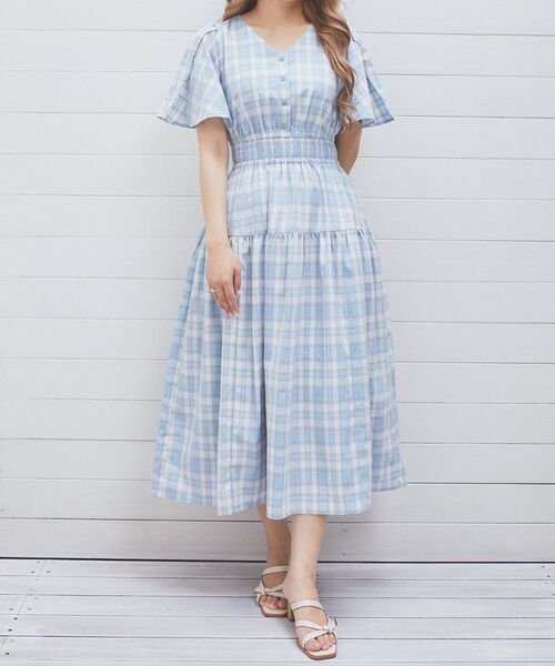 Areeam（アリーム） ワンピース 夏 半袖 スリットスリーブチェック