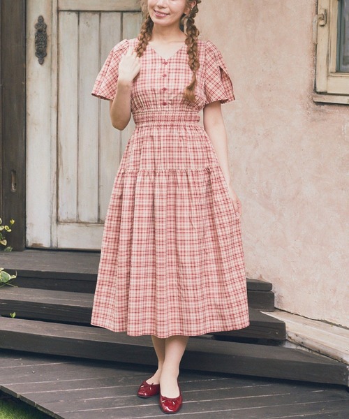 118★ Ruban D'or デニムドリームチェックワンピース Areeam（アリーム） ワンピース スリットスリーブチェックワンピース