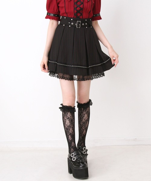 DearMyLove スカート ボックスタッククロスベルトループスタッズレース