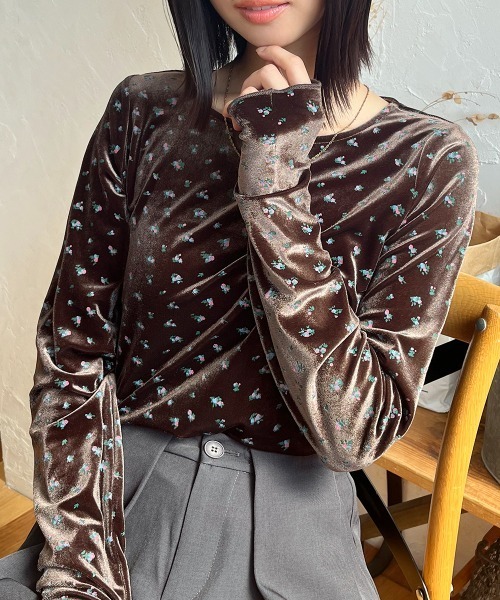 tシャツ フィンガーホール花柄ベロアトップス レディース : ZOZOTOWN