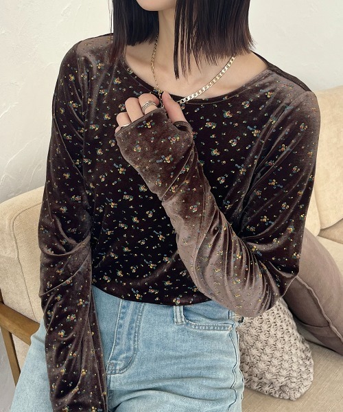 tシャツ フィンガーホール花柄ベロアトップス レディース : ZOZOTOWN