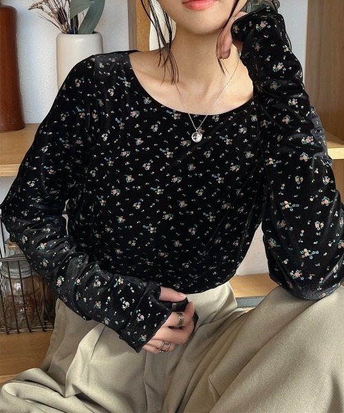 tシャツ フィンガーホール花柄ベロアトップス レディース : ZOZOTOWN
