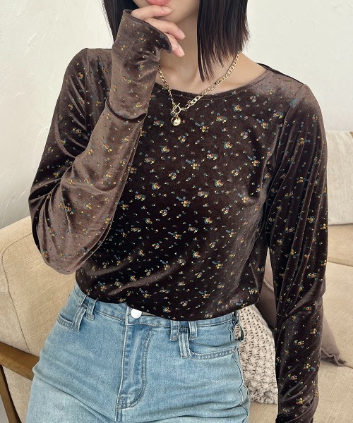 tシャツ フィンガーホール花柄ベロアトップス レディース : ZOZOTOWN