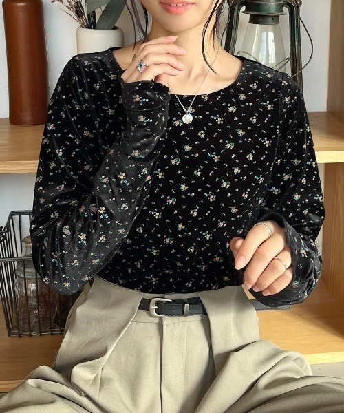tシャツ フィンガーホール花柄ベロアトップス レディース : ZOZOTOWN