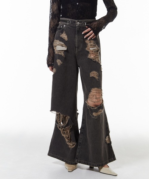 ワイドパンツ ジーンズ デニム デニムパンツ ZIP DAMAGE DENIM/ジップダメージデニム レディースの画像