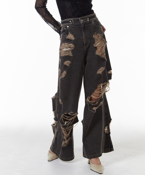 ワイドパンツ ジーンズ デニム デニムパンツ ZIP DAMAGE DENIM/ジップダメージデニム レディースの画像