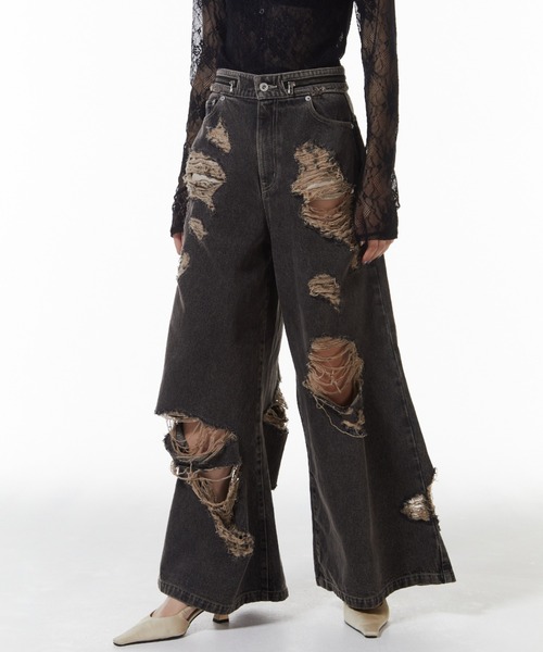 ワイドパンツ ジーンズ デニム デニムパンツ ZIP DAMAGE DENIM/ジップダメージデニム レディースの画像