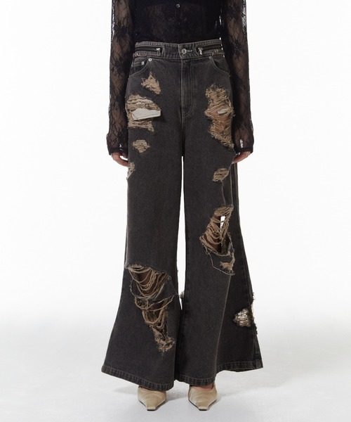 ワイドパンツ ジーンズ デニム デニムパンツ ZIP DAMAGE DENIM/ジップダメージデニム レディースの画像