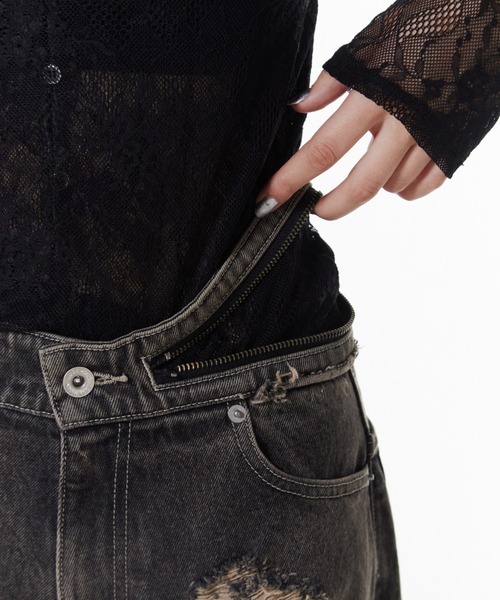 ワイドパンツ ジーンズ デニム デニムパンツ ZIP DAMAGE DENIM/ジップダメージデニム レディースの画像