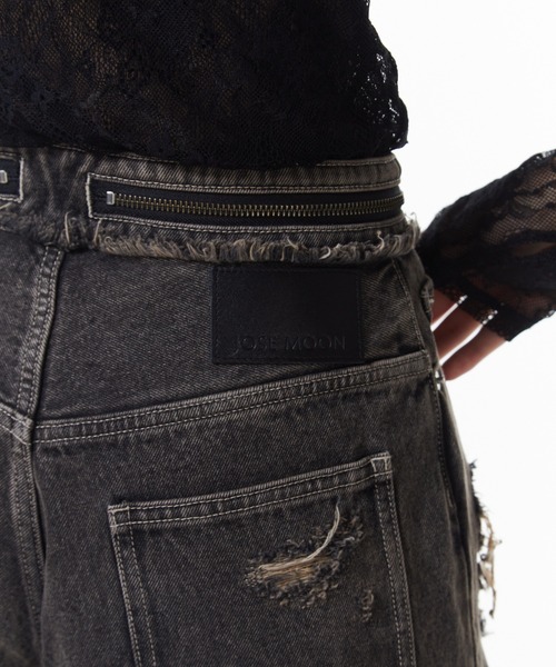 ワイドパンツ ジーンズ デニム デニムパンツ ZIP DAMAGE DENIM/ジップダメージデニム レディースの画像