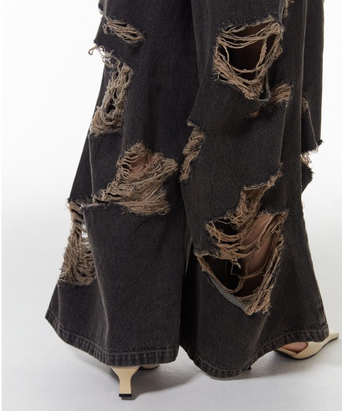 ワイドパンツ ジーンズ デニム デニムパンツ ZIP DAMAGE DENIM/ジップダメージデニム レディースの画像