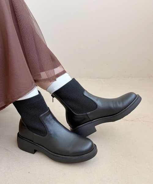 WA ORiental TRaffic ブーツ 厚底 リブニット バックジップ ブーツ