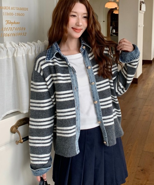 DIAVEL ポロシャツ ポロ デニムドッキングニットカーディガン／異素材