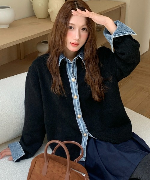 DIAVEL ポロシャツ ポロ デニムドッキングニットカーディガン／異素材