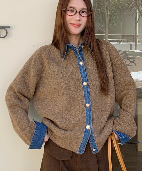 DIAVEL ポロシャツ ポロ デニムドッキングニットカーディガン／異素材