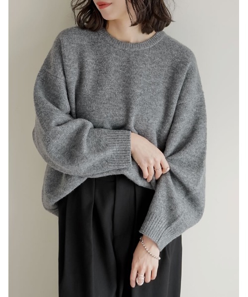バトナー　モヘアクルーネックニット　グレー BATONER (バトナー) women CEDER JACQUARD MOHAIR CREW NECK