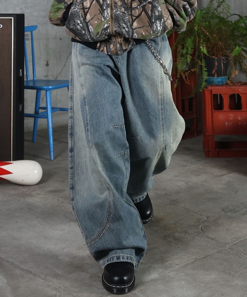 ワイドパンツ ジーンズ グランジ加工 バレルレッグ デニムパンツ 