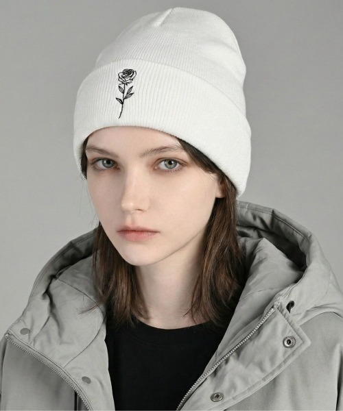 VIBGYOR ニット帽 ニットキャップ 「IZU」 ワンポイントローズ刺繍