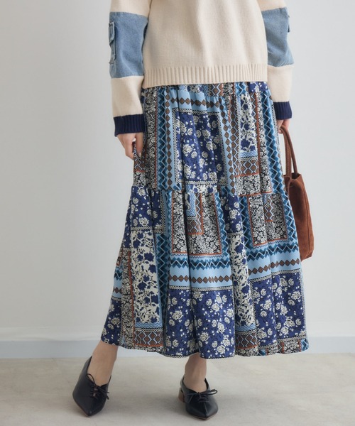 水色 バラ柄スカート Paradise Picnic（パラダイスピクニック） スカート 総柄テイアード