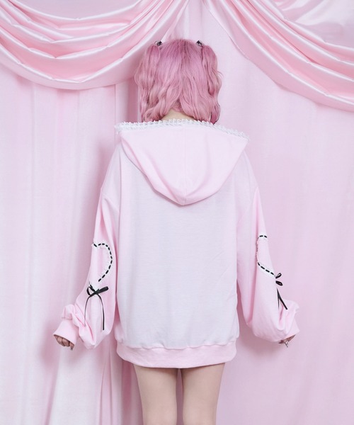トゥララ♡はしごリボンレース姫系パーカー♡y2kピンク♡ Magia Charm（マギアチャーム） パーカー レース ハート リボン ダブル
