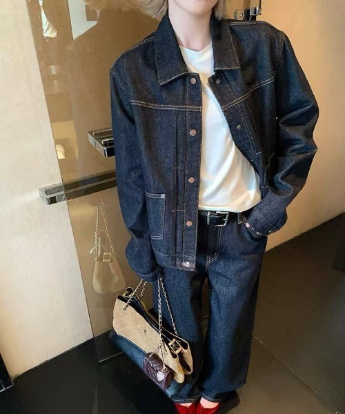 FAVORITO セットアップ デニム襟付きシングルブレストジャケットワイド