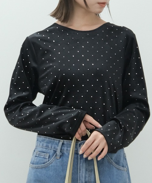 HEILIS tシャツ ラインストーンベロアロングスリーブカットソー / 長袖