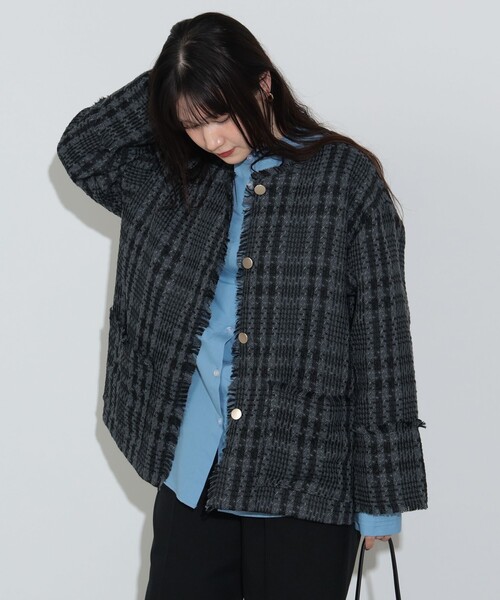 【新品タグ付】BEAMS HEART ツイードジャケット 　黒　フリーサイズ BEAMS HEART スーツ ドビー ノーカラージャケット（S〜M