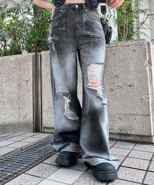 ジーンズ クラッシュデニムワイドバギーパンツ メンズ