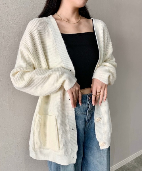 カーディガン オーバーサイズ ワッフルカーディガン レディース