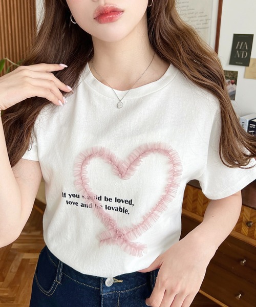 moment+ tシャツ 半袖 チュールハート刺繍半袖Tシャツ レディース